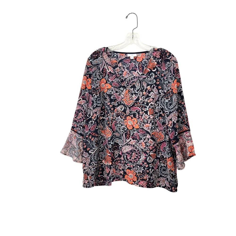 J. Jill Floral Paisley Bell Sleeve Blouse Womens M 100% Polyester Navy & Coral - Picture 1 of 4